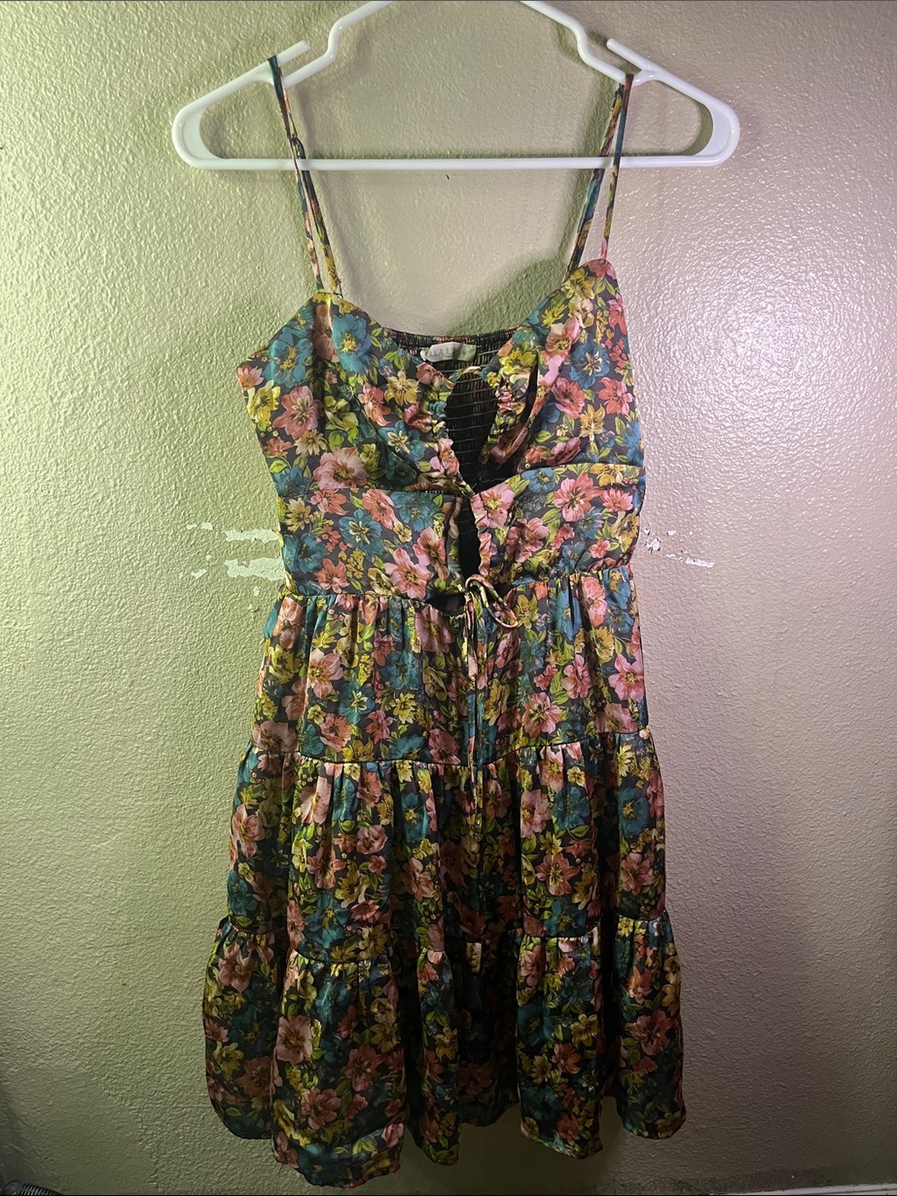 Floral Fall Tie-Front Mini Dress in Green and Pink